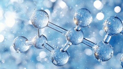 Microscopic Water Molecule Structure, 3D Render of a Molecular Model, Blue Hues and Sparkling Effects