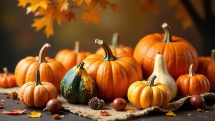 A Bountiful Harvest of Autumn Gourds, Pumpkins, and Squash Arranged on Rustic Burlap, Adorned with Fall Leaves and Natural Accents