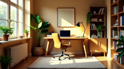 A room with a desk, chair and bookshelf