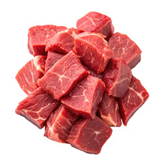 Pile of raw beef meat isolated on white background. Top view. © Alisha