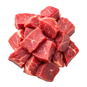 Pile of raw beef meat isolated on white background. Top view.
