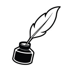 Vector Illustration Of Feather Quill Pen In Inkwell Black And White Icon