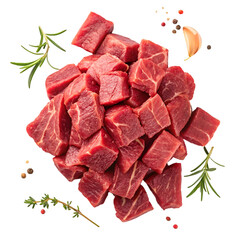 Pile of raw beef meat isolated on white background. Top view.