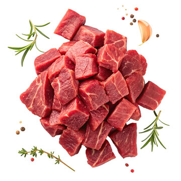 Pile of raw beef meat isolated on white background. Top view.