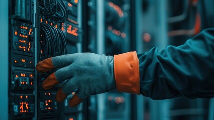 Electrician managing electrical equipment in server room technology environment action shot