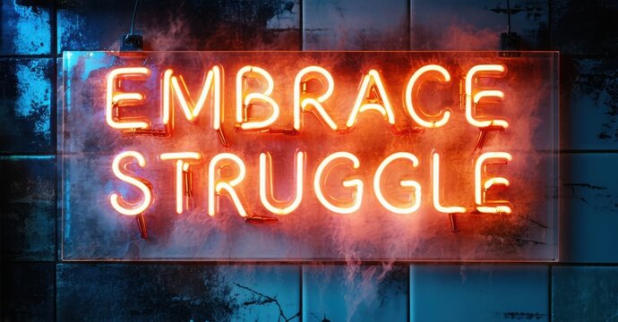 Bold neon sign embrace struggle in orange and blue neon mounted on scratched tiles with mist and glowing shadow lines