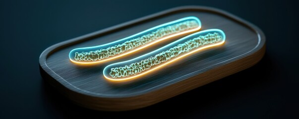 Obraz premium Glowing neon food art on a wooden plate, showcasing creativity.