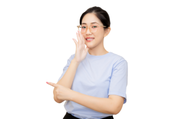 A woman with glasses is smiling and gesturing with her hand, suggesting a friendly and approachable demeanor.