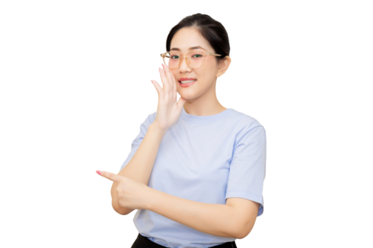 A woman with glasses is smiling and gesturing with her hand, suggesting a friendly and approachable demeanor.