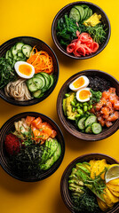 Overhead shot of five vibrant poke bowls, showcasing diverse ingredients like salmon, avocado, cucumber, egg, and seaweed, against yellow background representing healthy, fresh, and delicious cuisine