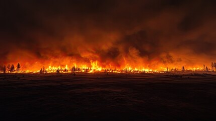 Fiery Nighttime Wildfire Consumes Snowy Landscape