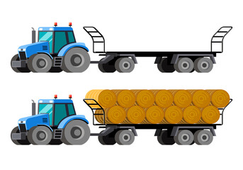 Tractor towing a flatbed trailer loaded with round hay bales. The illustration style is clean and modern. The background is plain white © andriocolts