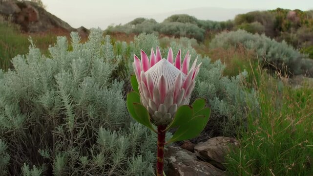 Close-up view of a striking pink and white protea flower blooming amidst lush green foliage in a serene landscape.