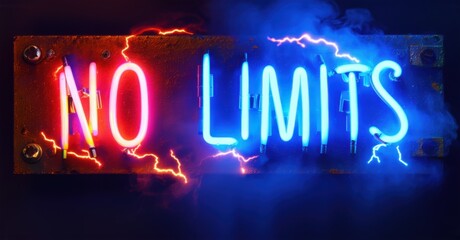 Chunky glowing no limits in red and blue neon mounted on steel plates with energy trails bolts and flickering mist