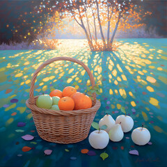 Autumn Sunlight Illuminates Fruit Basket in a Green Meadow