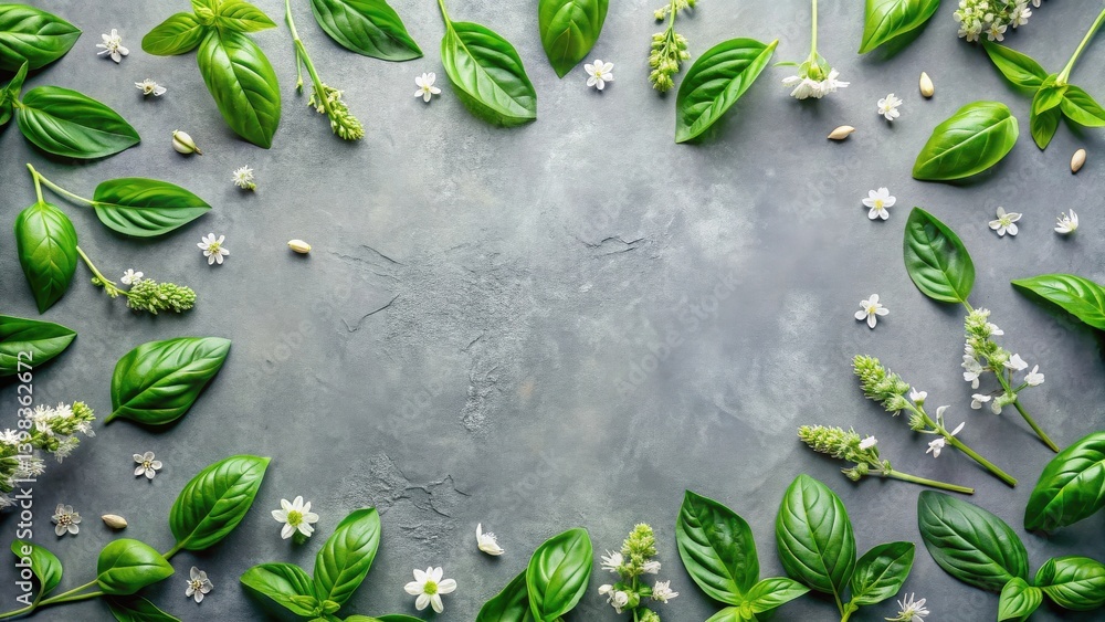 Poster aromatic basil leaves and delicate white blossoms arranged on a textured gray surface, creating a na