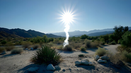 Bright Sunlight Over Desert Landscape with Mountains