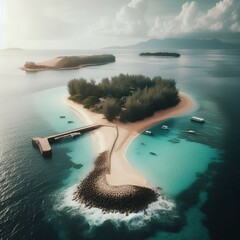 Aerial view of tropical islands, turquoise lagoon, sandy beaches, small boats, lush vegetation, calm ocean waters, cloudy sky, dream destination, paradise, exotic landscape, drone photography