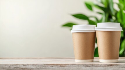 A serene image showcasing two coffee cups resting on a wooden table, surrounded by lush green plants, symbolizing tranquility and balance in a cozy setting.