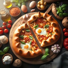 Artisanal pizza, rustic wooden board, baked eggs, cherry tomatoes, fresh basil leaves, golden crust, olive oil drizzle, whole ingredients, colorful vegetables, earthy tones