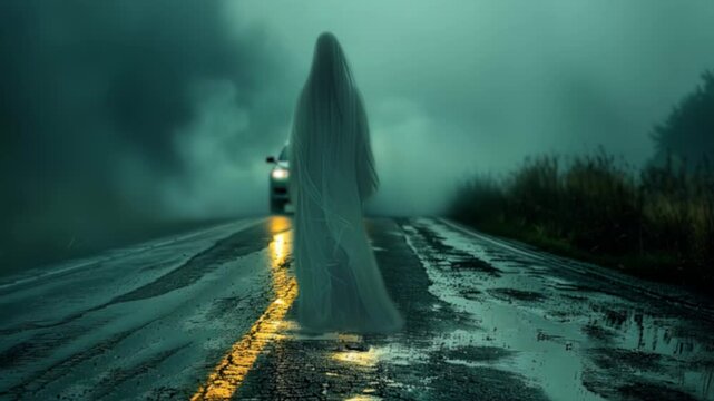A ghostly figure draped in white stands on a wet road, surrounded by a thick fog. A car's headlights cut through, creating an unsettling mood at dusk