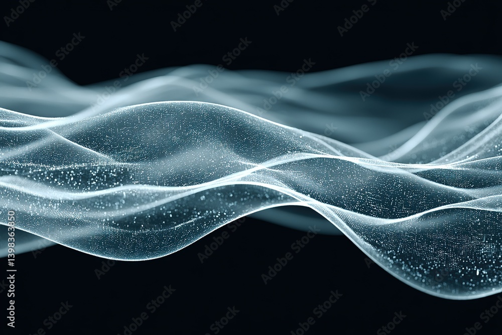 Poster Flowing waves of translucent particles create a mesmerizing abstract design in a dark background