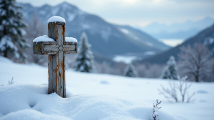 A cross stands on a snow-covered slope with mountains in the background, evoking a sense of solitude and faith.