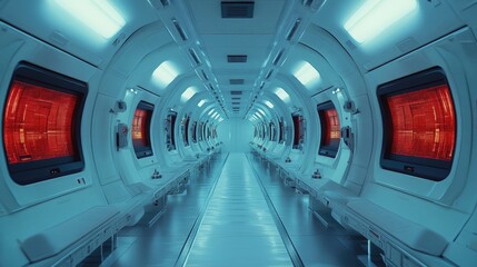 Obraz premium Futuristic interior corridor with red screens and bright lighting visible