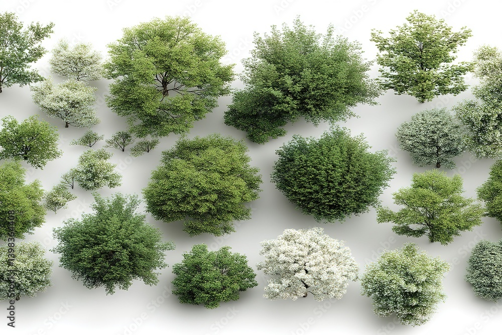 Poster various types of lush green trees arranged in a natural pattern on a light background