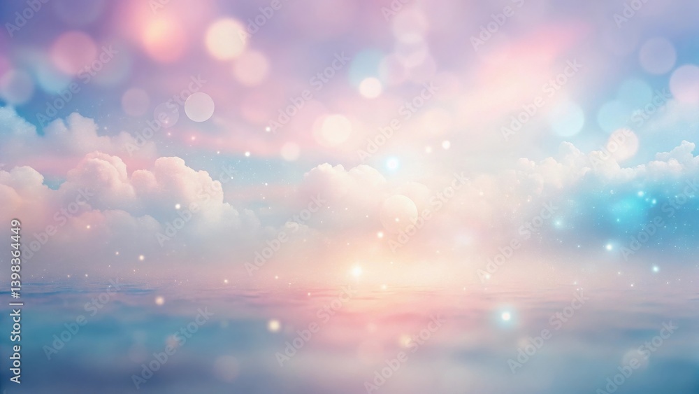 Poster Dreamlike Pastel Sky with Glowing Lights and Soft Cloudscape Reflecting on a Serene Water Surface