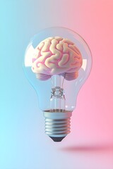 a light bulb with a brain inside on a pastel background, a concept of artificial intelligence and creativity in business technology idea.