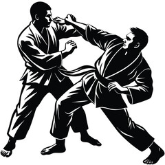 Silhouettes judoist, judoka, fighter in a duel, fight, judo sport, martial art, sport silhouettes vector