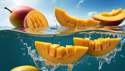 Fresh Mango Cubes Splashing in Water Vibrant Close-up of Sliced Mangoes