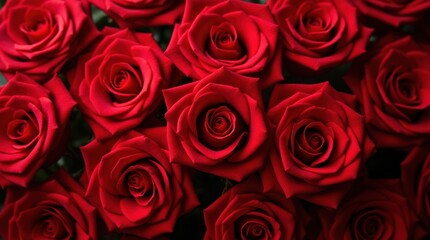 Banner full of multiple red roses, top view. Red roses panoramic background. Fresh dark red rose close up texture for St. Valentine's Day or Sant Jordi. Rose blossom.