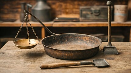 Antique gold panning set display vintage workshop photography rustic environment close-up historical exploration
