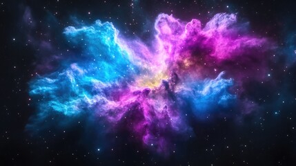 Naklejka premium Cosmic Nebula with Stars, Vivid Fantasy Style, High-Detail Rendering, Full Frame View, Gaseous Textures, Celestial Formation, Deep Space, Pink Blue Hues, Ideal for Sci-Fi Art