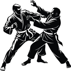 Silhouettes judoist, judoka, fighter in a duel, fight, judo sport, martial art, sport silhouettes vector