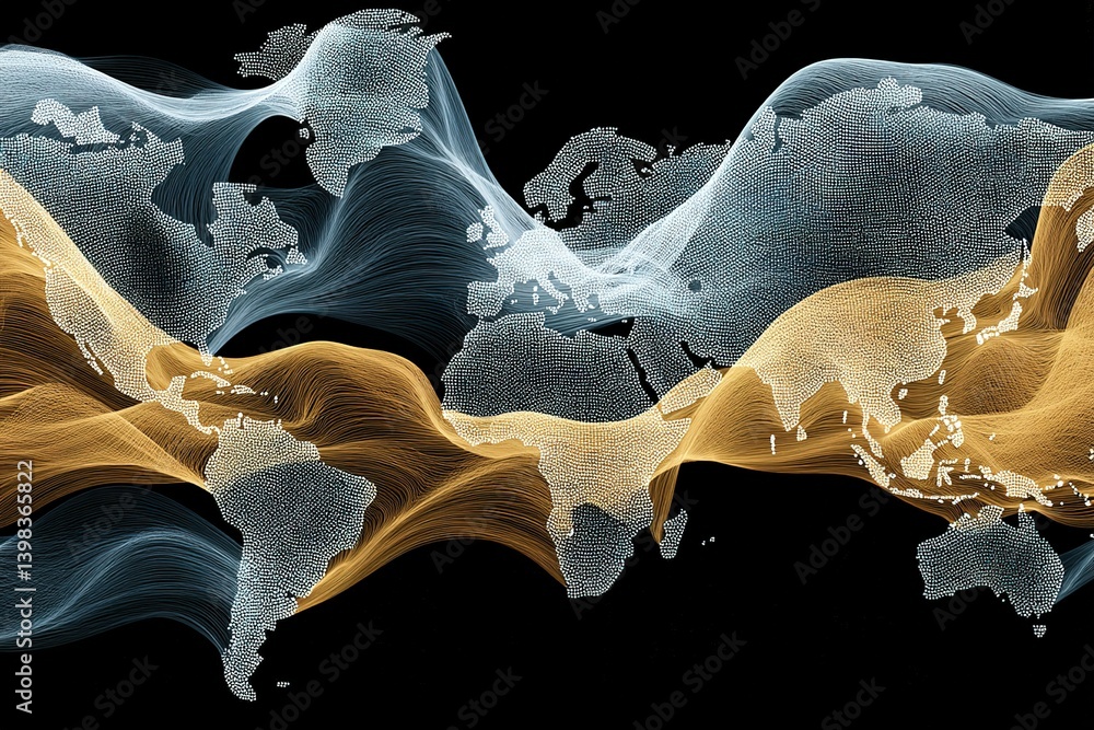Poster global connectivity visualized through flowing lines representing data movement across continents