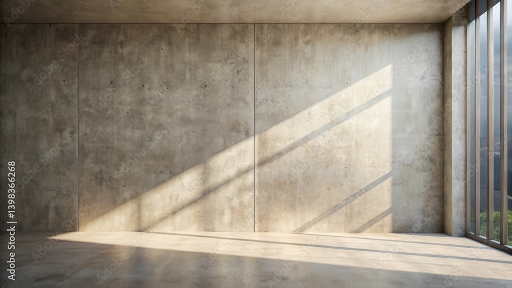 Poster Empty room with concrete wall and large window, sunlight streaming in casting shadows on the floor
