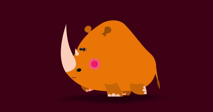 Cartoon ginger color rhinoceros children animation walking cycle. Isolated cute 2d hand made African big wild animal character animation good for any use. 
