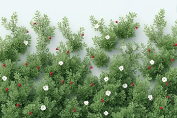 Lush green foliage with white flowers and red berries creating a vibrant decorative display