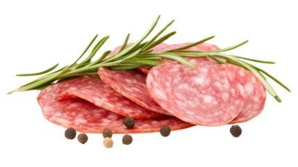 Sliced salami with rosemary on a transparent background