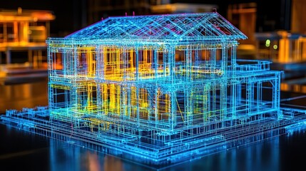 Architectural Digital Model:  Blueprint of a Modern House,  Innovative 3D Design Visualization