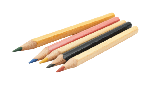 Supplies action colored pencils workspace creative environment view. Isolated on transparent background, png.