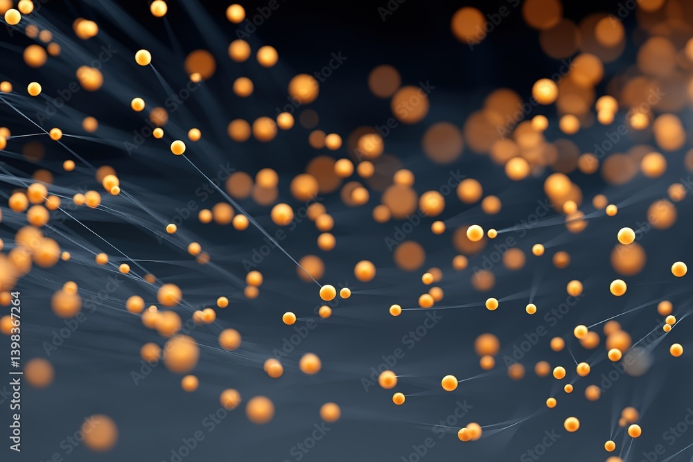 Poster Dynamic patterns of orange spheres floating in a dark background create an abstract visual experience with a sense of depth and movement