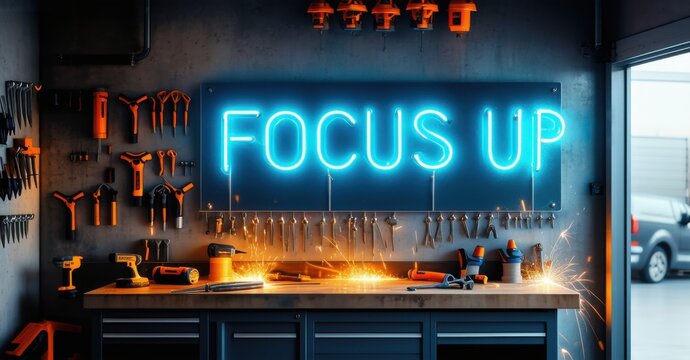 Naklejki Chunky neon sign saying focus up in electric blue and orange hanging above metal workbench in garage with tools wires and sparks reflecting off steel walls