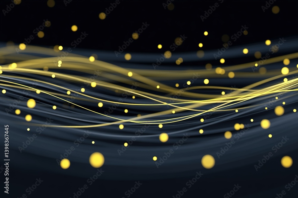 Poster flowing waves of golden light particles create an abstract background for digital designs