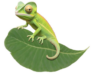 Obraz premium Illustration of a Charming Little Chameleon Resting on a Green Leaf, Showcasing its Unique Scales and Curious Expression with Precision and Detail