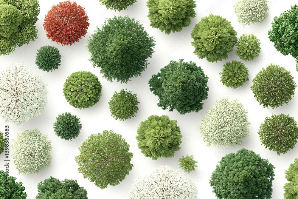 Poster diverse tree top view showcasing vibrant foliage and variation in shape and color in a natural lands