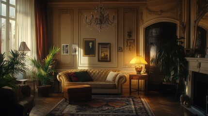 An elegant and opulent interior living space is beautifully illuminated